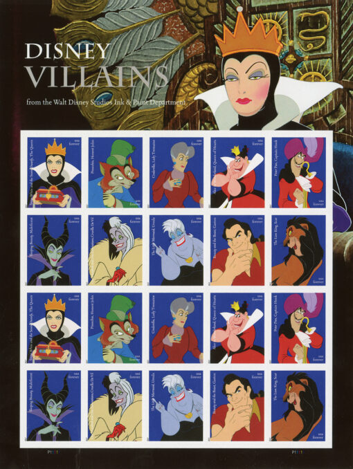 US #5213-22 2017 Disney Villains Stamp Set – 5 Sheets of 20 Stamps featuring Maleficent, Ursula, Scar & More – Discounted Price