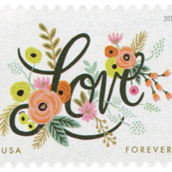 A sheet of 20 2018 49c Love Flourishes Forever Stamps, featuring an elegant design symbolizing the tradition of handwritten love letters, with intricate artwork and a self-adhesive backing.