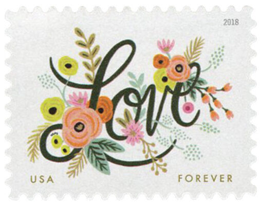 A sheet of 20 2018 49c Love Flourishes Forever Stamps, featuring an elegant design symbolizing the tradition of handwritten love letters, with intricate artwork and a self-adhesive backing.