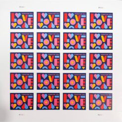 2021 Love Forever Stamp Sheet of 20 featuring colorful 'LOVE' design and hearts.