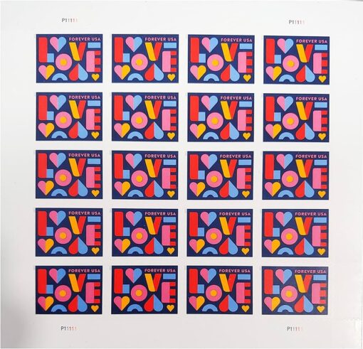 2021 Love Forever Stamp Sheet of 20 featuring colorful 'LOVE' design and hearts.