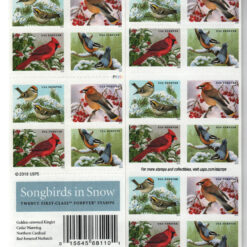 2016 Songbirds in Snow Forever Stamps, featuring vibrant songbirds perched on snow-covered branches.