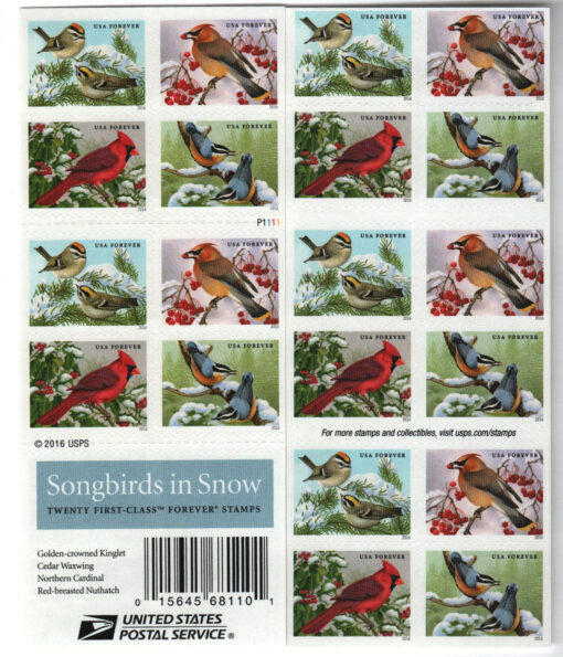 2016 Songbirds in Snow Forever Stamps, featuring vibrant songbirds perched on snow-covered branches.