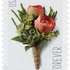 2017 73c Celebration Boutonnière Stamp featuring a single boutonnière flower, traditionally worn on the lapel for special occasions, such as weddings or formal events. The stamp showcases a classic floral design, celebrating the elegance and tradition of boutonnières.