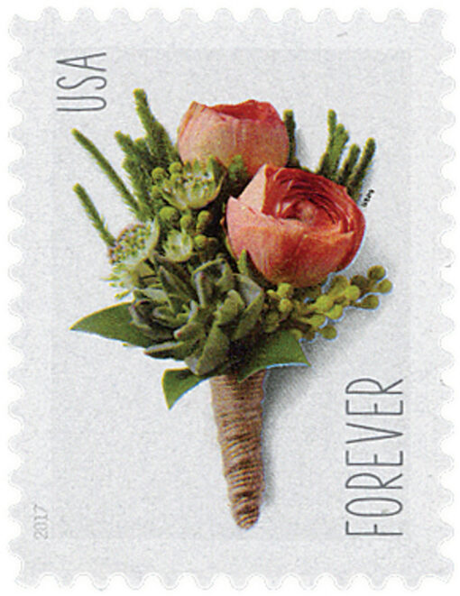 2017 73c Celebration Boutonnière Stamp featuring a single boutonnière flower, traditionally worn on the lapel for special occasions, such as weddings or formal events. The stamp showcases a classic floral design, celebrating the elegance and tradition of boutonnières.