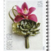 2020 Contemporary Boutonnière Stamp featuring a burgundy mini cymbidium orchid, succulent, green hydrangea, and lily grass, designed for wedding RSVP cards and other celebratory occasions.