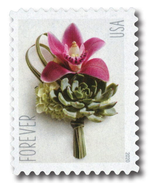 2020 Contemporary Boutonnière Stamp featuring a burgundy mini cymbidium orchid, succulent, green hydrangea, and lily grass, designed for wedding RSVP cards and other celebratory occasions.