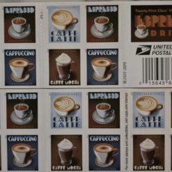 2021 Espresso Drinks Forever Stamps – 5 Sheets featuring digital illustrations of popular espresso drinks including caffe latte, espresso, caffe mocha, and cappuccino. Each sheet contains 20 stamps with art-deco-style fonts and is issued to celebrate the love of coffee in America.