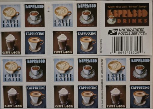 2021 Espresso Drinks Forever Stamps – 5 Sheets featuring digital illustrations of popular espresso drinks including caffe latte, espresso, caffe mocha, and cappuccino. Each sheet contains 20 stamps with art-deco-style fonts and is issued to celebrate the love of coffee in America.