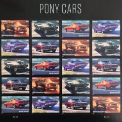 2022 Pony Cars Forever Stamps featuring iconic muscle cars including the Ford Mustang, Chevy Camaro, and more, capturing the spirit of 1960s American automotive design.