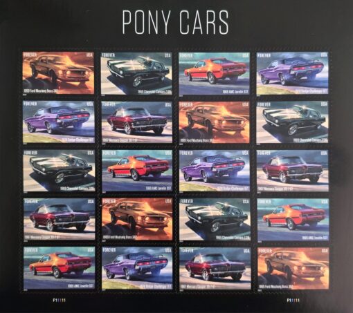 2022 Pony Cars Forever Stamps featuring iconic muscle cars including the Ford Mustang, Chevy Camaro, and more, capturing the spirit of 1960s American automotive design.