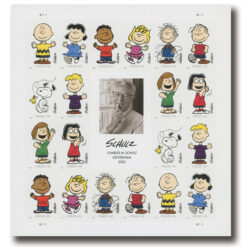 A sheet of 2022 Charles Schulz 100th Birth Anniversary Forever Stamps, featuring 10 different PEANUTS characters with a black-and-white photograph of Charles Schulz in the center.