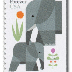 2023 Elephants Forever Stamp featuring a mother and calf elephant, celebrating World Elephant Day.