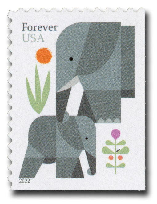 2023 Elephants Forever Stamp featuring a mother and calf elephant, celebrating World Elephant Day.