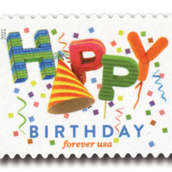 2021 Happy Birthday Forever Stamp featuring colorful party decorations, confetti, and streamers