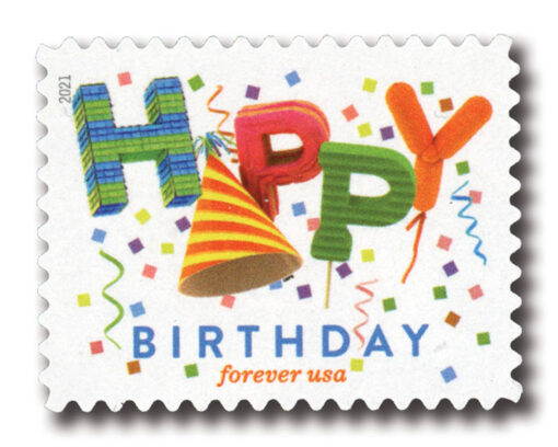 2021 Happy Birthday Forever Stamp featuring colorful party decorations, confetti, and streamers