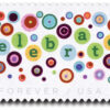 2020 Let’s Celebrate Forever Stamp featuring colorful circles, foil accents, and the word ‘celebrate’ in dark green, perfect for sending celebratory messages.