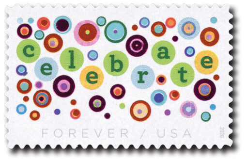 2020 Let’s Celebrate Forever Stamp featuring colorful circles, foil accents, and the word ‘celebrate’ in dark green, perfect for sending celebratory messages.