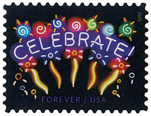 2015 Neon Celebrate Forever Stamp featuring colorful neon fireworks and the word "Celebrate"