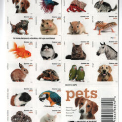 2016 Pets Forever Stamp featuring vibrant photographs of various domesticated animals such as puppies, kittens, fish, reptiles, and birds, celebrating the companionship of pets.