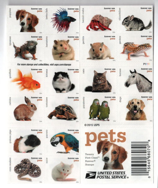 2016 Pets Forever Stamp featuring vibrant photographs of various domesticated animals such as puppies, kittens, fish, reptiles, and birds, celebrating the companionship of pets.