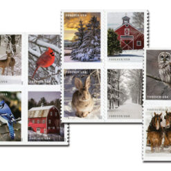 A booklet of 20 U.S. Forever stamps from the 2020 Winter Scenes series, featuring 10 unique designs. Each stamp showcases a beautiful winter scene, including snowy landscapes, animals, and buildings, capturing the peaceful essence of the season.