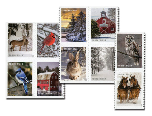 A booklet of 20 U.S. Forever stamps from the 2020 Winter Scenes series, featuring 10 unique designs. Each stamp showcases a beautiful winter scene, including snowy landscapes, animals, and buildings, capturing the peaceful essence of the season.